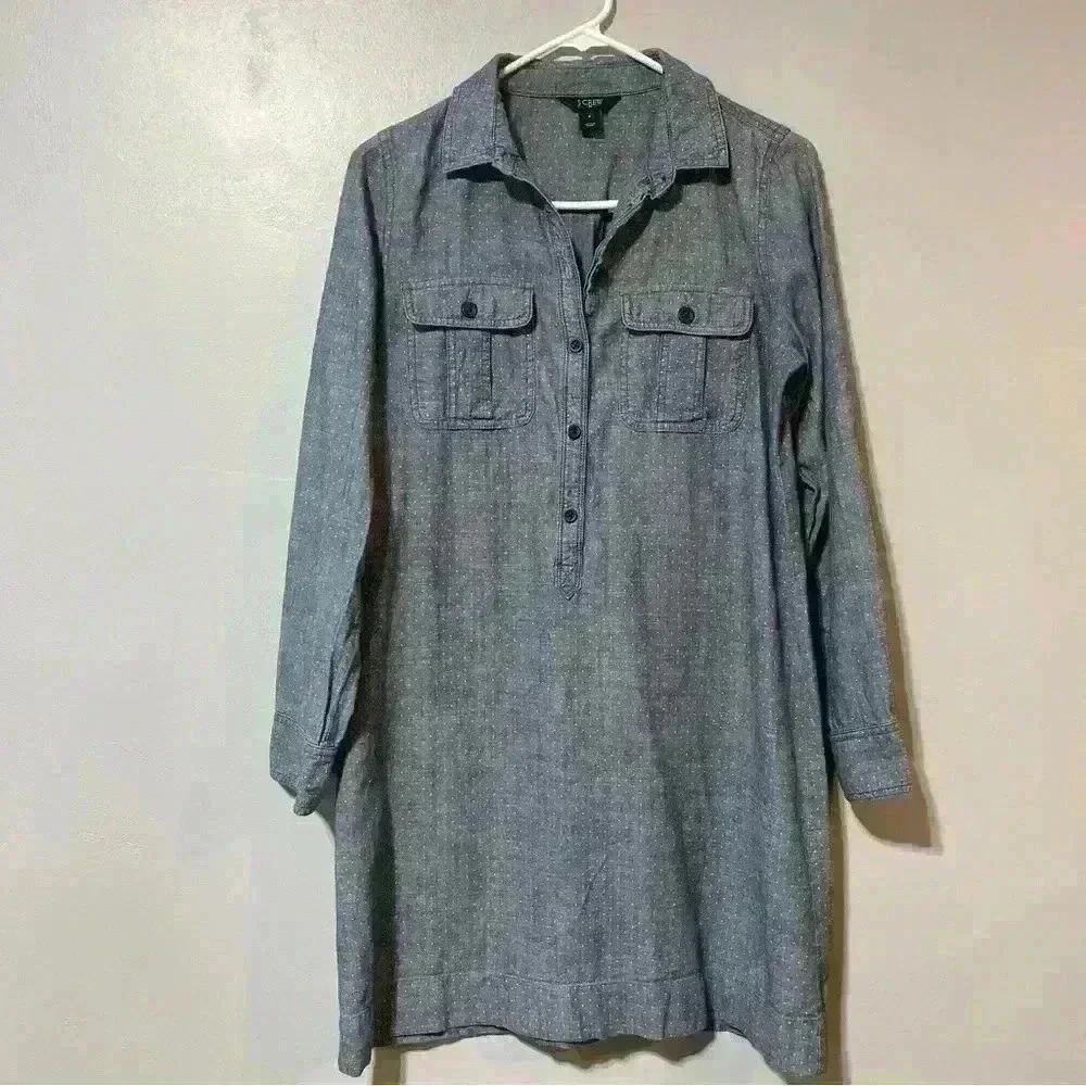 J. Crew Factory S Polka Dot Blue Chambray Roll Tab Sleeve Popover Shirt Dress